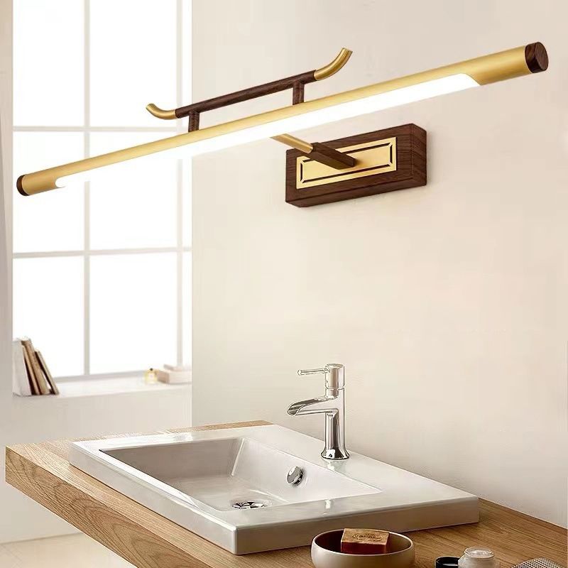 Brass Straight Mirror Light Chinese Style Single Light Wall Lamp for Bathroom