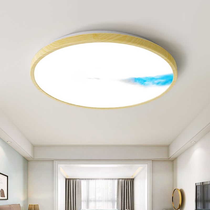 Yellow Circle Ceiling Lighting Simple Acrylic LED Flush Mount with Abstract Mountain and Fisherman Pattern