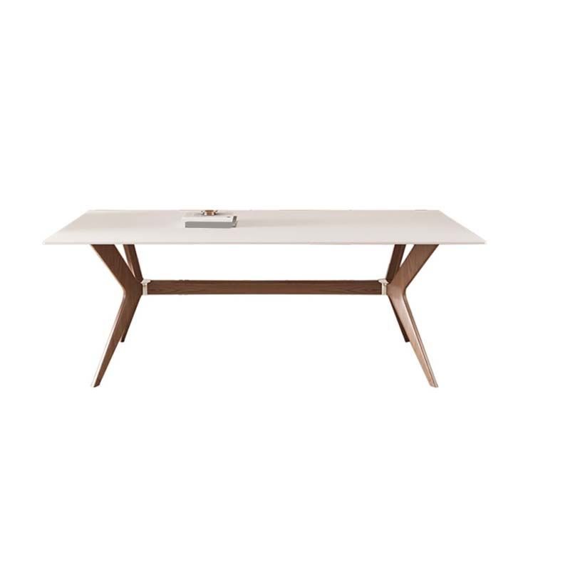 White Mid-Century Dining Table Stone Top Table with Wooden Frame for Home