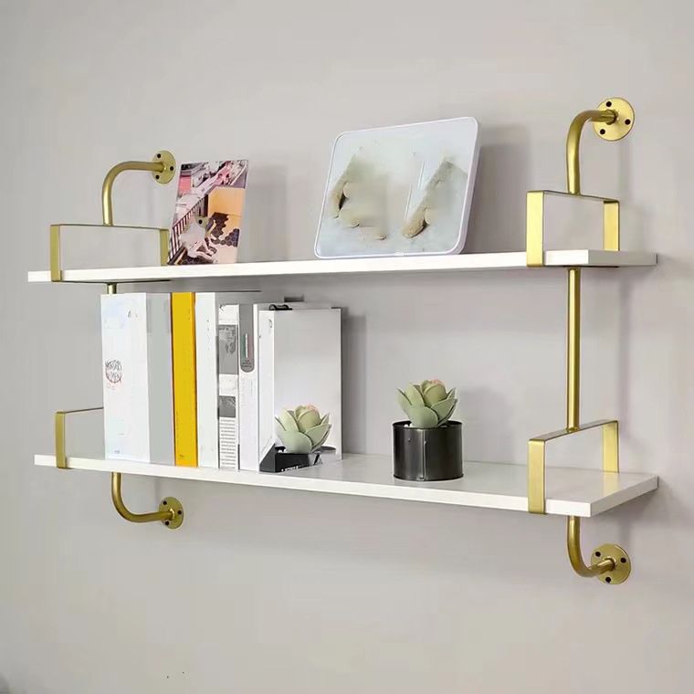 Metal and Wooden Shelf Bookcase Open Wall Mounted Gold Bookshelf for Home