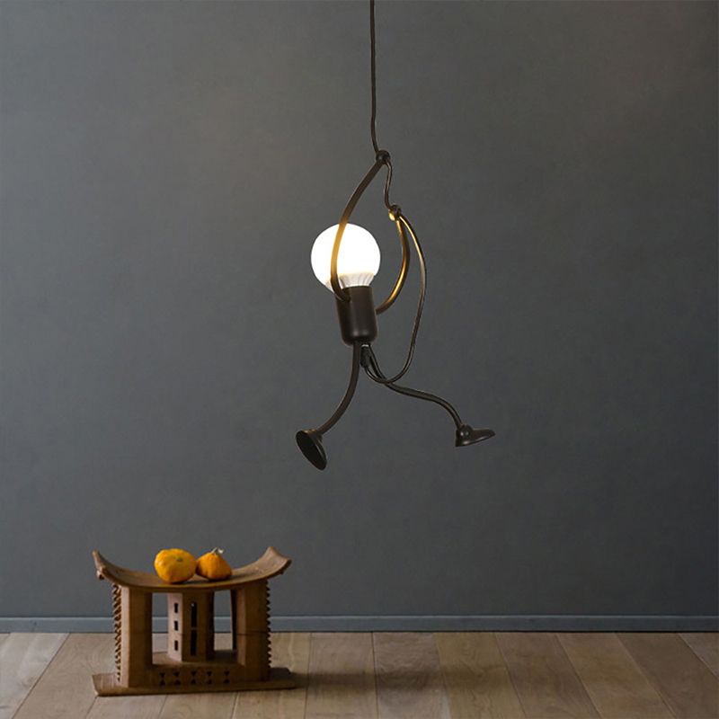 Small Man Hanging Ceiling Light Artistic Metallic 1/3-Head Bedroom Pendant in Black