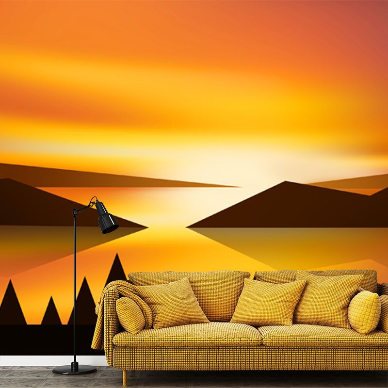 Sunset Mountain Landscape Mural Wallpaper Modern Non-Woven Wall Covering in Yellow-Black