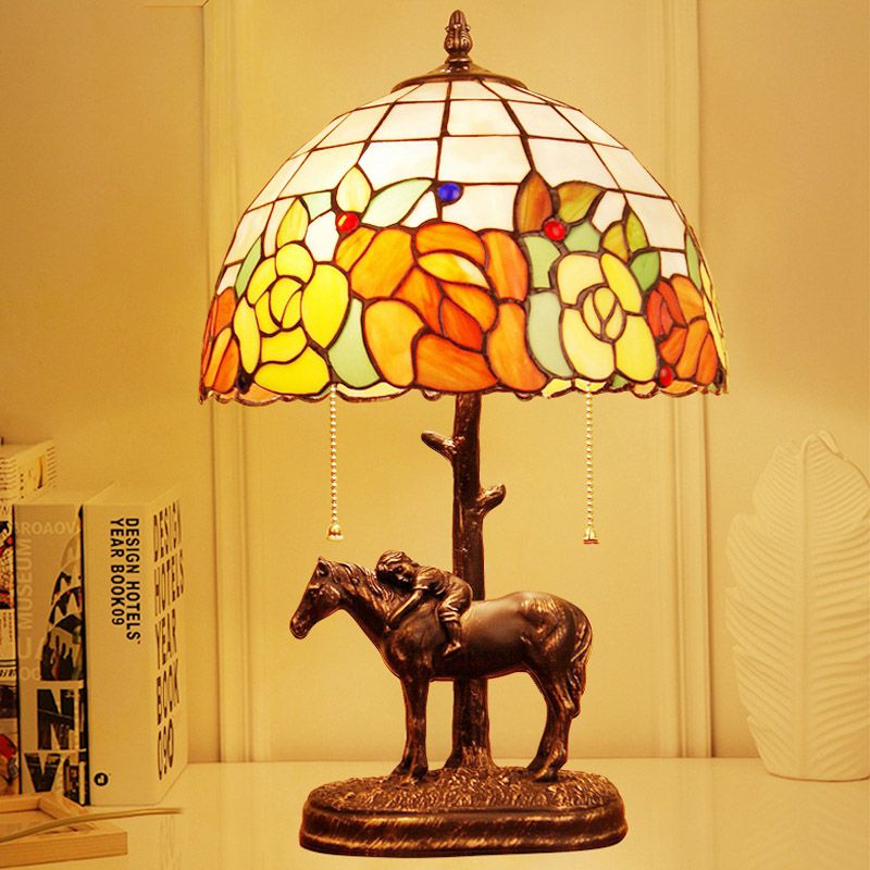 Resin Dark Brown Pull-Chain Night Lamp Kid Sleeping on Horseback 2-Bulb Tiffany Table Light with Roseborder Shell Shade