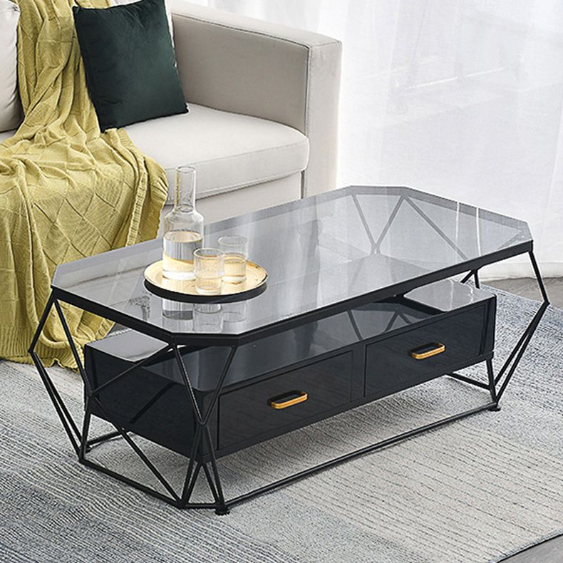 Modern Frame Coffee Cocktail Table Rectangular Glass Top Cocktail Table with Drawer