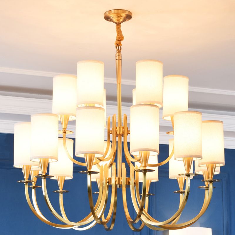 Cylinder Fabric Chandelier Light Minimalism Living Room Pendant Light Fixture in Brass