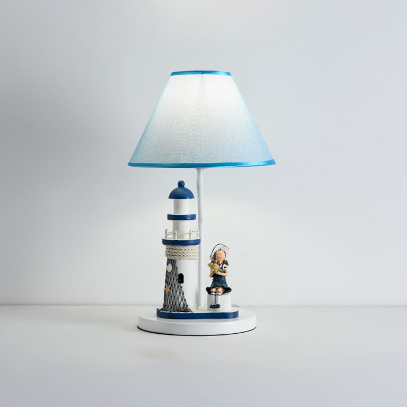 Barrel Shade Night Light Kids Stoff 1 Kopfblaue Tischlampe mit Cartoon Mädchen/Jungen und Leuchtturmdekoration