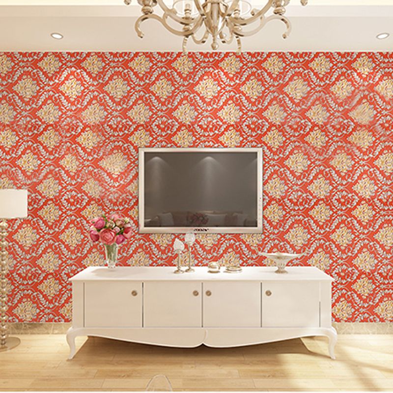 Water-Resistant Wall Covering Removable Luxe Damasque PVC Wall Decor in Light Red