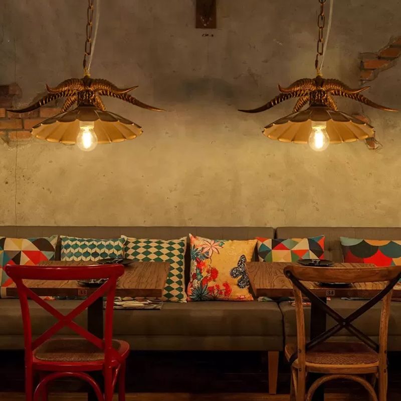 Resin OX Horn Hanging Lamp Rustic Single Restaurant Pendant Light Fixture with Scalloped Shade in Brass/White