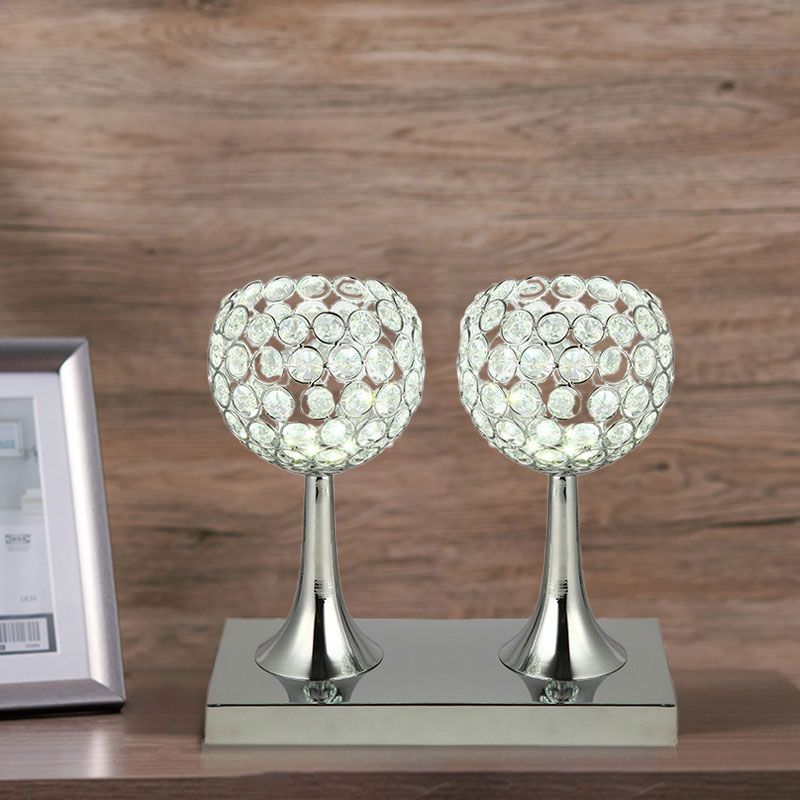 Double Dome Table Light Contemporary Beveled Crystal Prism LED Nightstand Lamp in Chrome