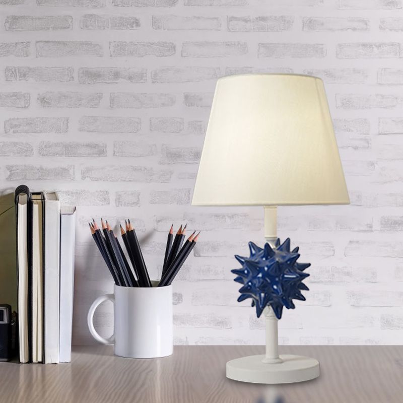 Resin Sea Urchin Night Table Lamp Cartoon Single Bulb Sky Blue/Gold/Dark Blue Nightstand Light with Barrel Fabric Shade for Bedside