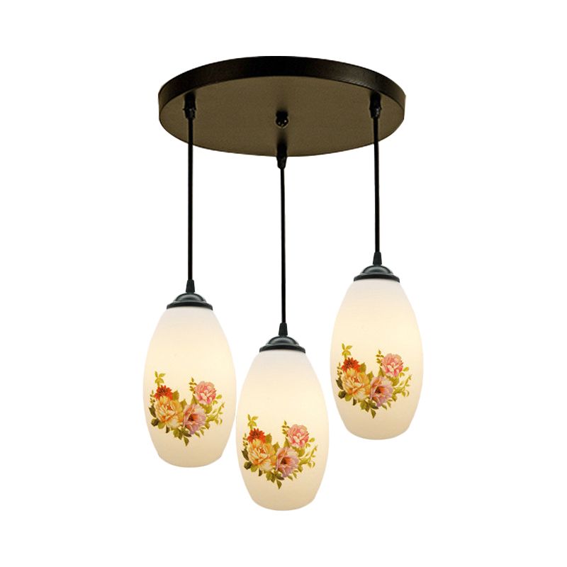 Minimalism Oval Multi Lamp Pendant 3 Heads White Frosted Glass Suspension Light in Black with Linear/Round Canopy