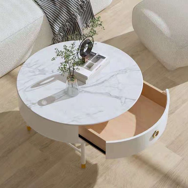 Round Slate Top Cocktail Table 1-Drawer 4 Legs Coffee Table in White of 17.7" H