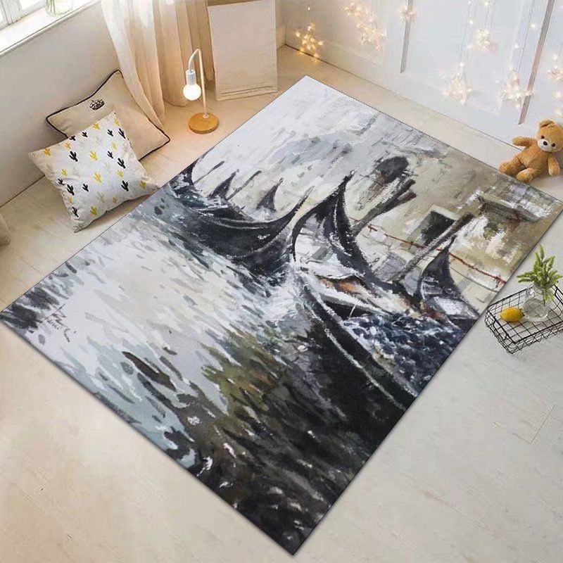 Abstract Pattern Modern Rug Polyester Dark Gray Rug Washable Rug for Living Room