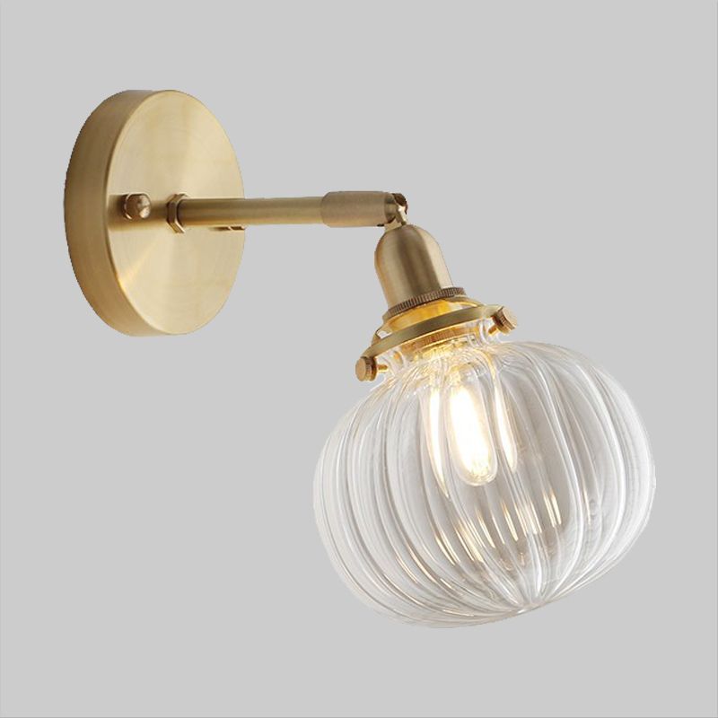 Single Head Pumpkin Wall Lamp Traditional Gold Clear Fluted Glass Adjustable Wall Mounted Light