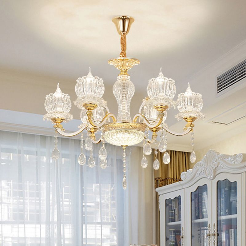 Ribbed Crystal Flower Ceiling Lighting Traditional Living Room Chandelier Light with Crystal Draping in Clear