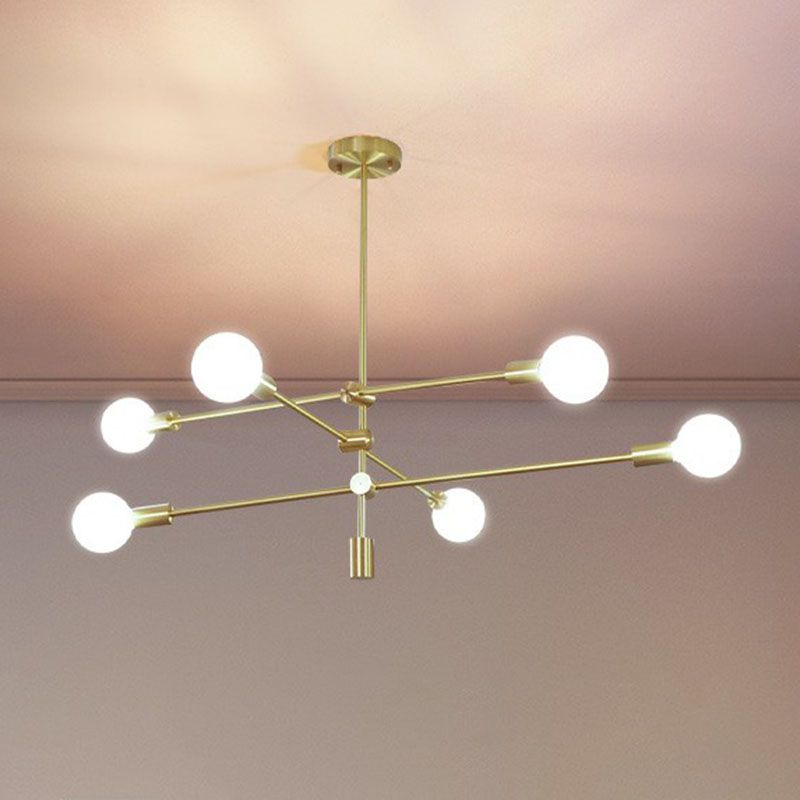 Einfachheit rotierender Arm Kronleuchter Metallic Wohnzimmer Deckenlampe mit offener Glühbirne Design