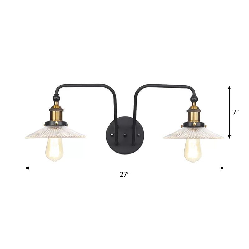 Industrial Conic/Wavy/Flare Sconce Light Glass and Metal Black 2 Bulb Wall Mount Lamp for Indoor