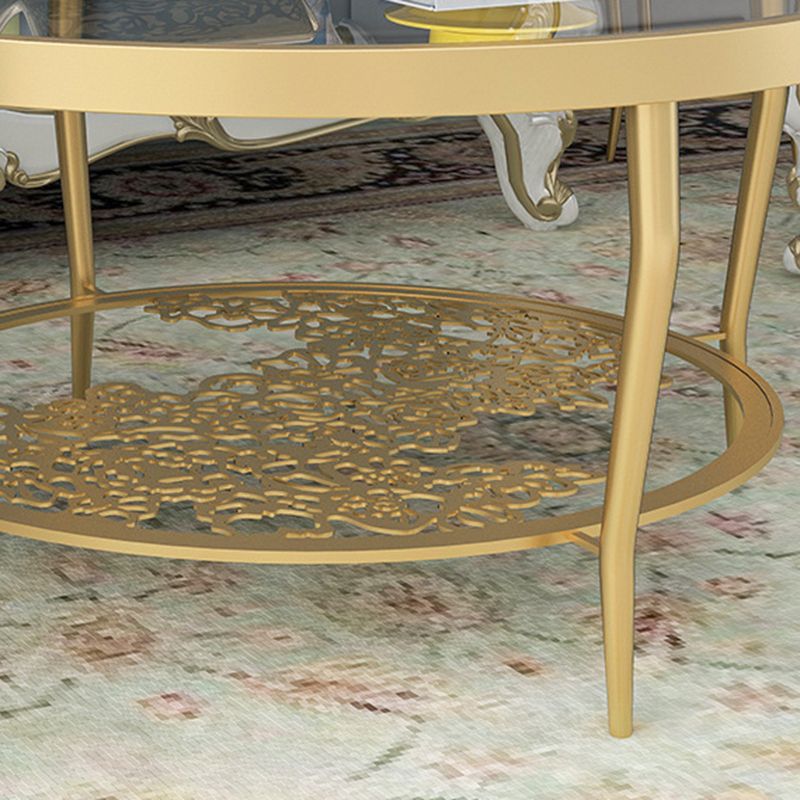 Contemporary Round Glass Top Coffee Table with Iron 4 Legs and Shelf