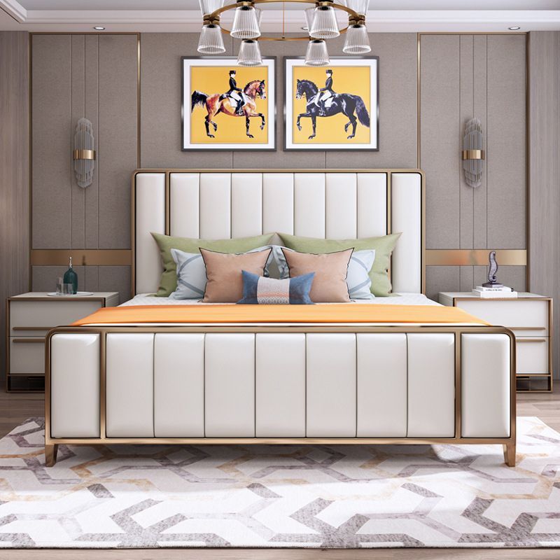 White Standard Bed Modern Bed Frame with Upholstered Headboard