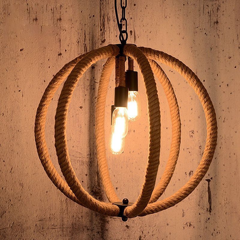 Chandelier de couloir d'orbe Hanging Light Light Retro Style Corde de chanvre 3 lumières Lampe de plafond beige