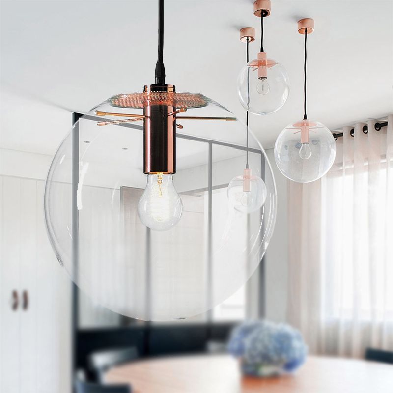 Round Pendant Light Modern 1-Light 6"/8"/12" Wide Clear Glass Hanging Lamp in Rose Gold