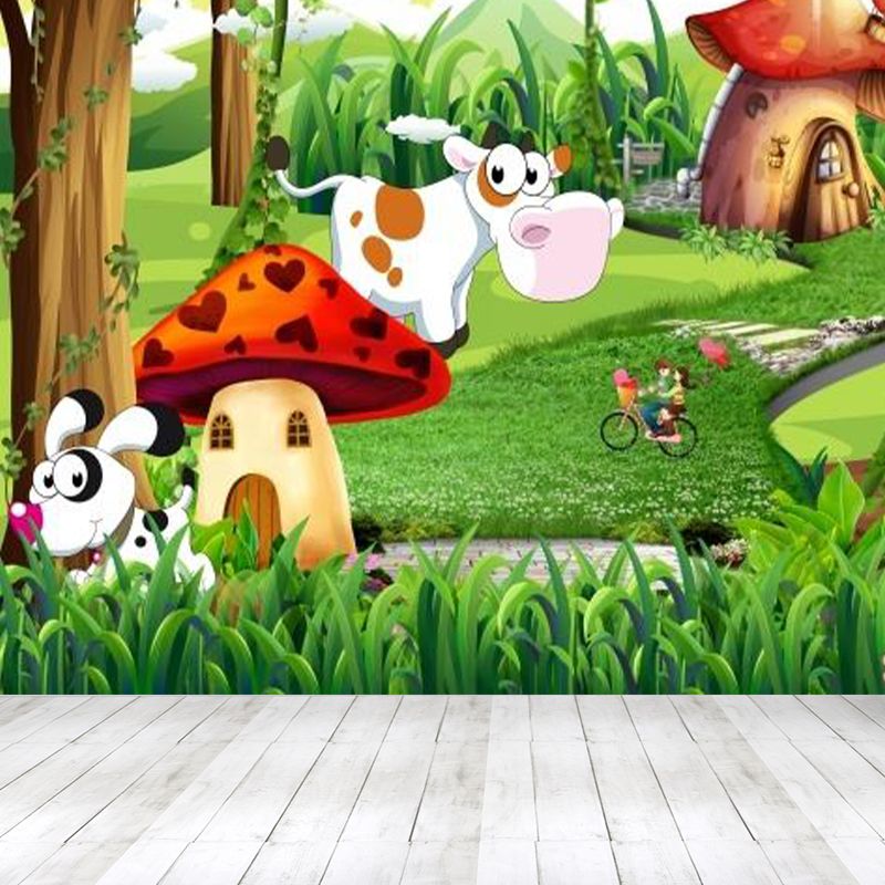 Forest Mushroom Houses Mural Wallpaper Green Cartoon Wall Decor for Child Bedroom