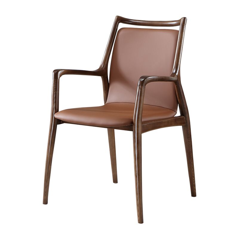 Nordic Style Leather Brown Arm Dining Chair in Solid Wood for Home