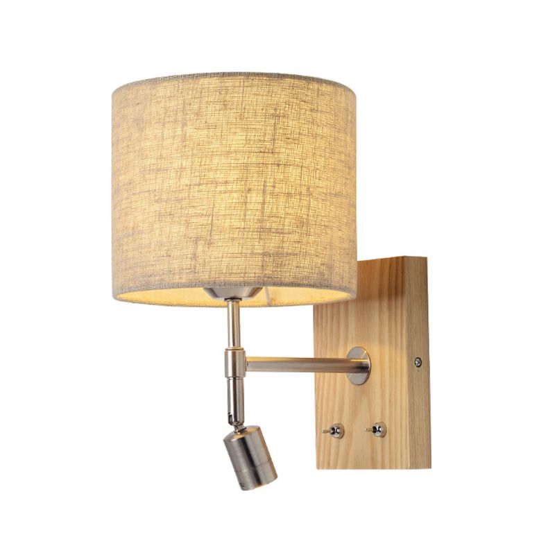 Cylinder Fabric Shade Bedside Reading Wall Light 2-Lights Wooden Simplicity Wall Sconce