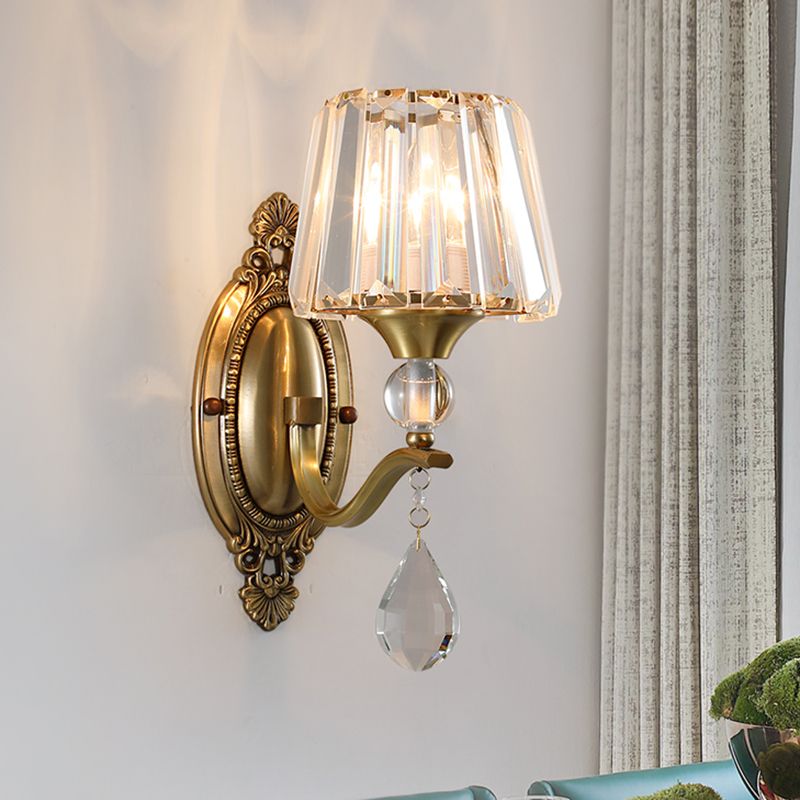 Postmodern Conical Crystal Block Wall Mount Light 1/2 Lights Sconce Light in Brass for Living Room