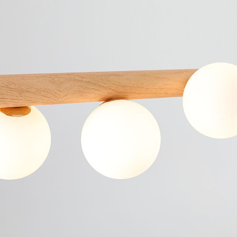 Faux Wood Design Modern Island Light White Glass Ball Shade Modern Hanging Lamp for Restaurants