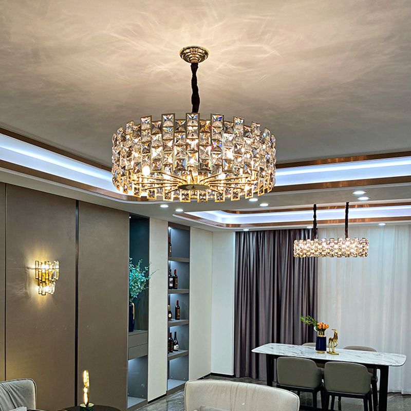 Black Drum Shaped Chandelier Pendant Minimalist Crystal Rectangle Suspension Light for Living Room