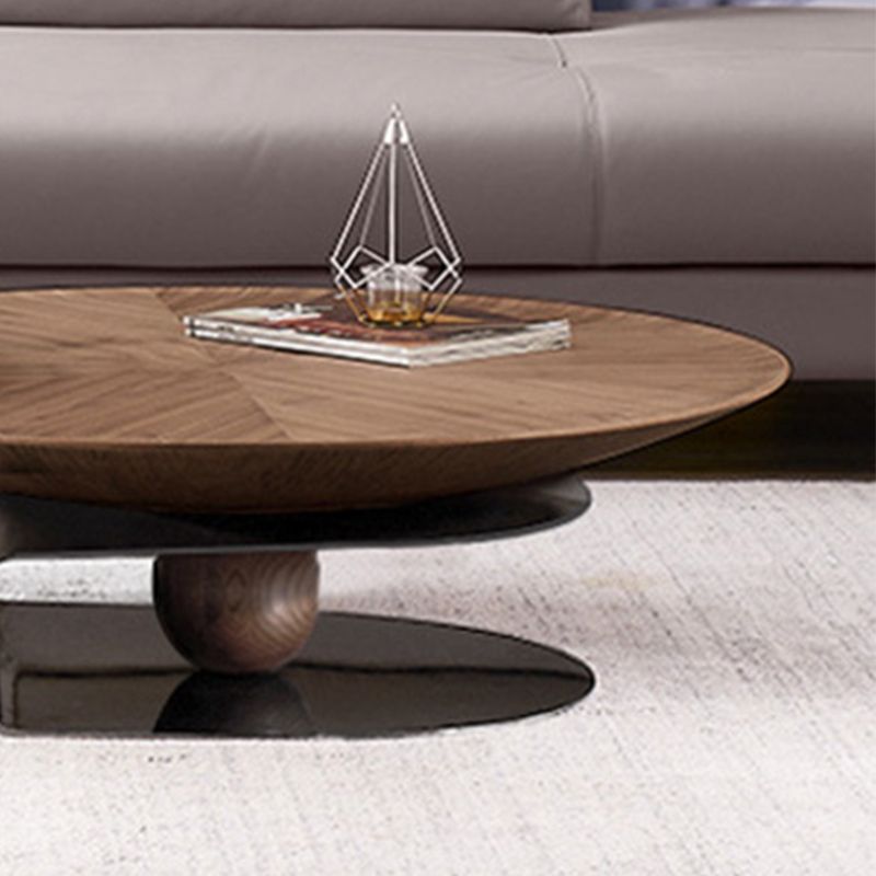 Modern Style Wood Table with Round Black Metal Abstract Base Coffee Table