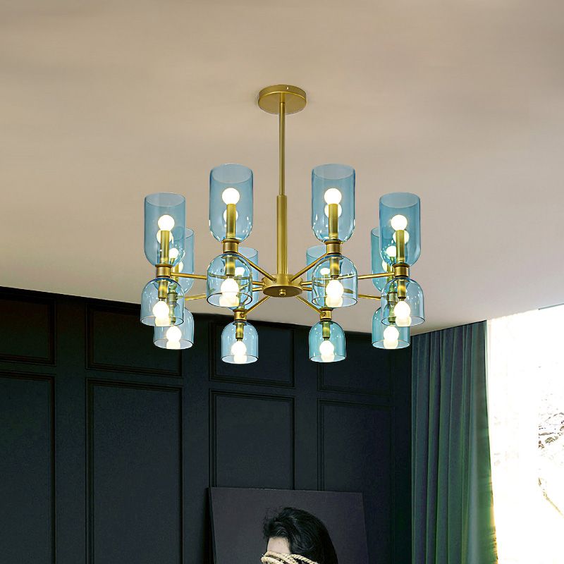 Modernist 16 Heads Chandelier Lamp Black/Gold Cylinder Hanging Pendant Light with White/Blue Glass Shade