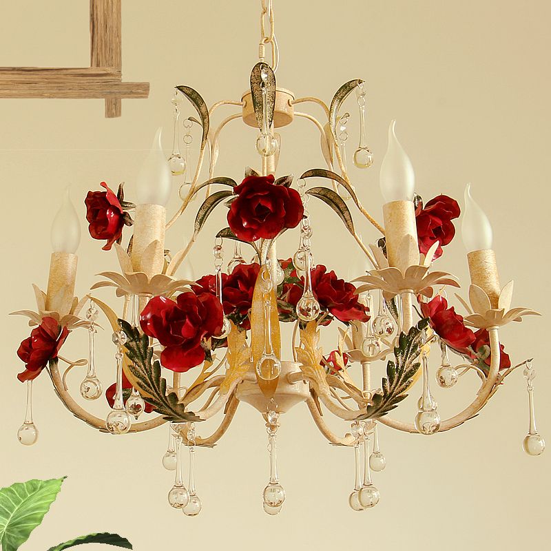 Beige 6 Bulbs Chandelier Light Rustic Iron Candlestick Pendant Lamp with Crystal Drop