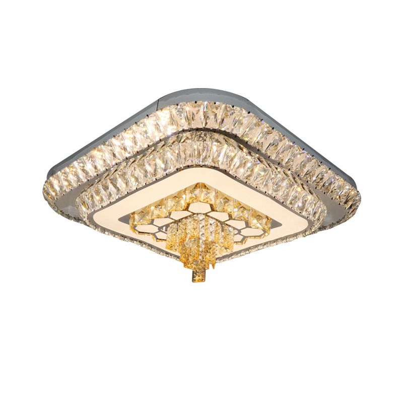 Grey Finish LED Flushmount Light Contemporary Clear Cut Crystal Blocks Square Ceiling Fixture