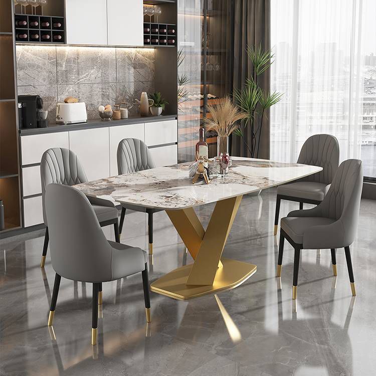 Glam Rectangle Dining Table Sintered Stone Table with Metal Leg for Home