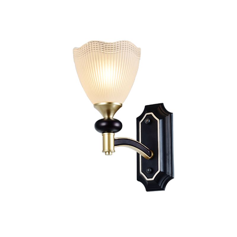 Traditionalism Flower Wall Light 1/2-Bulb Prismatic White Glass Wall Sconce Lamp in Black