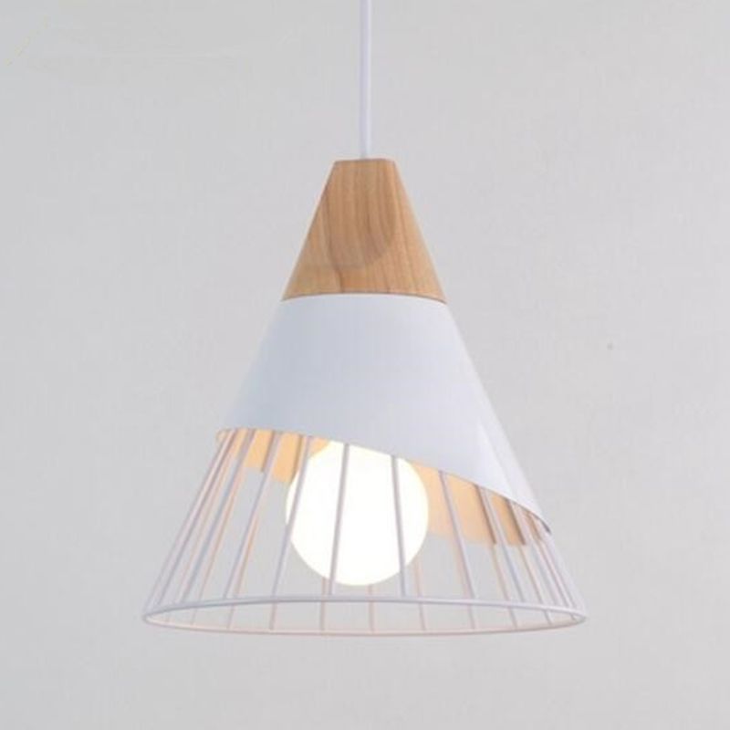 Metal Tapered Hanging Light Nordic Modern 1 Light Restaurant Ceiling Pendant Lamp with Wooden Top