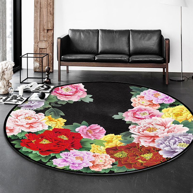 Multicolored Floral Printed Rug Contemporary Round Carpet Anti-Slip Backing Rug for Living Room