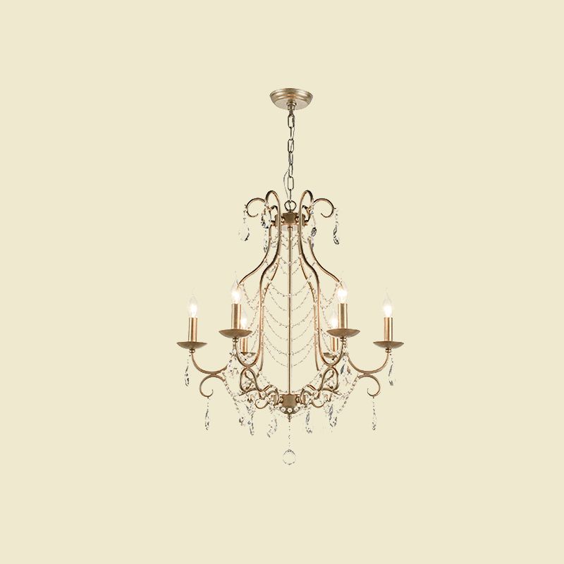 Rustic Candelabra Chandelier 6 Lights Crystal Strand Pendant Lighting in Gold over Table