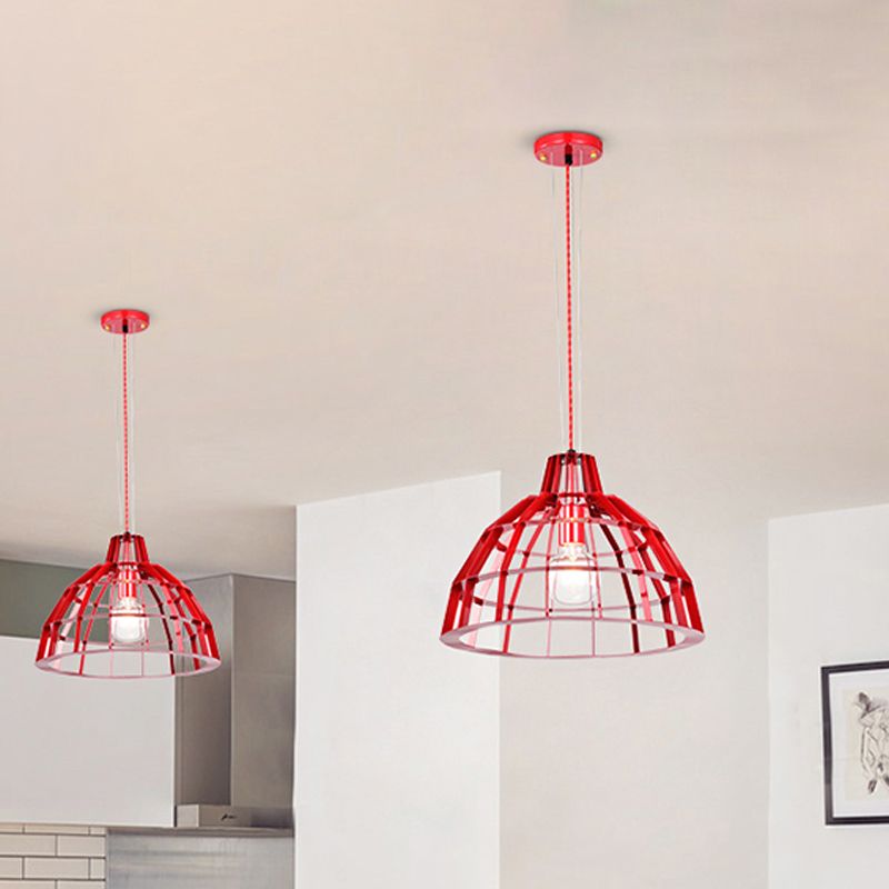 Luz de caída de tono de tono rojo 1 bombilla moderna colgante colgante de metal enjaulado para restaurante