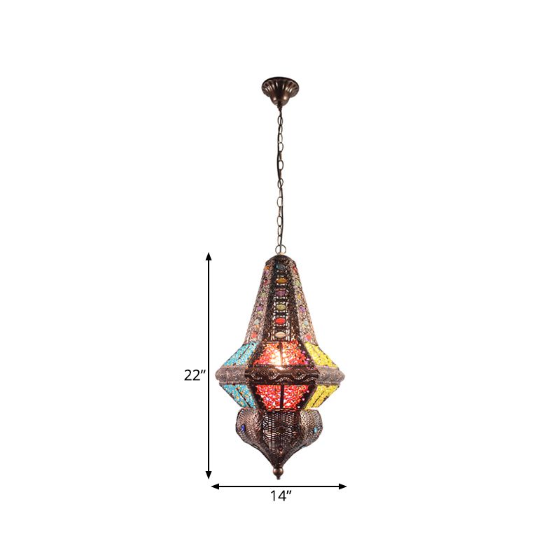 Red/Bronze 1 Light Pendant Lighting Traditional Metal Lantern Hanging Light Fixture for Restaurant