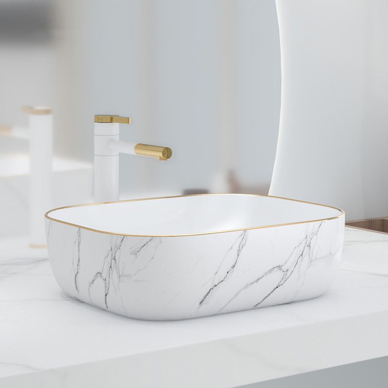 Modern Bathroom Sink Porcelain Pop-Up Drain Solid Color Rectangular Vessel