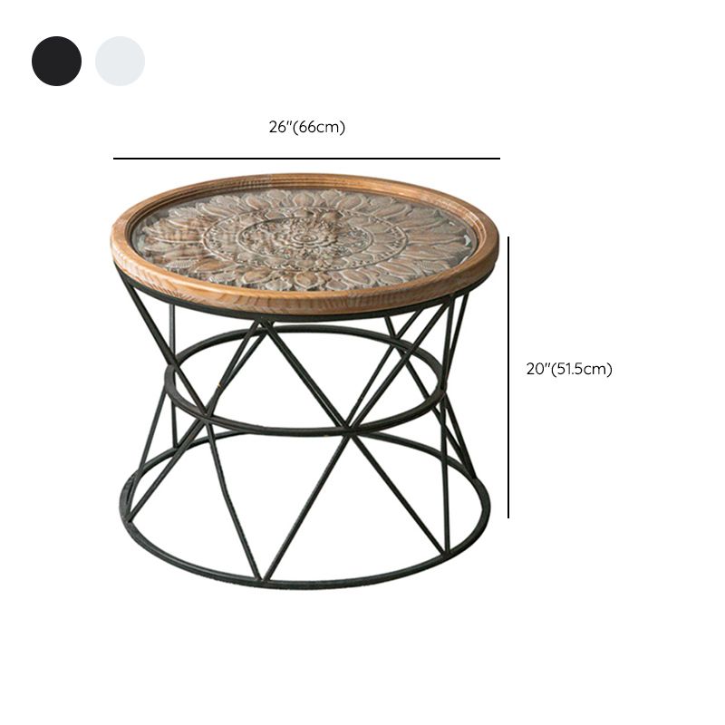 French Country Wood Round Top Side Table Distressed Iron Base End Table
