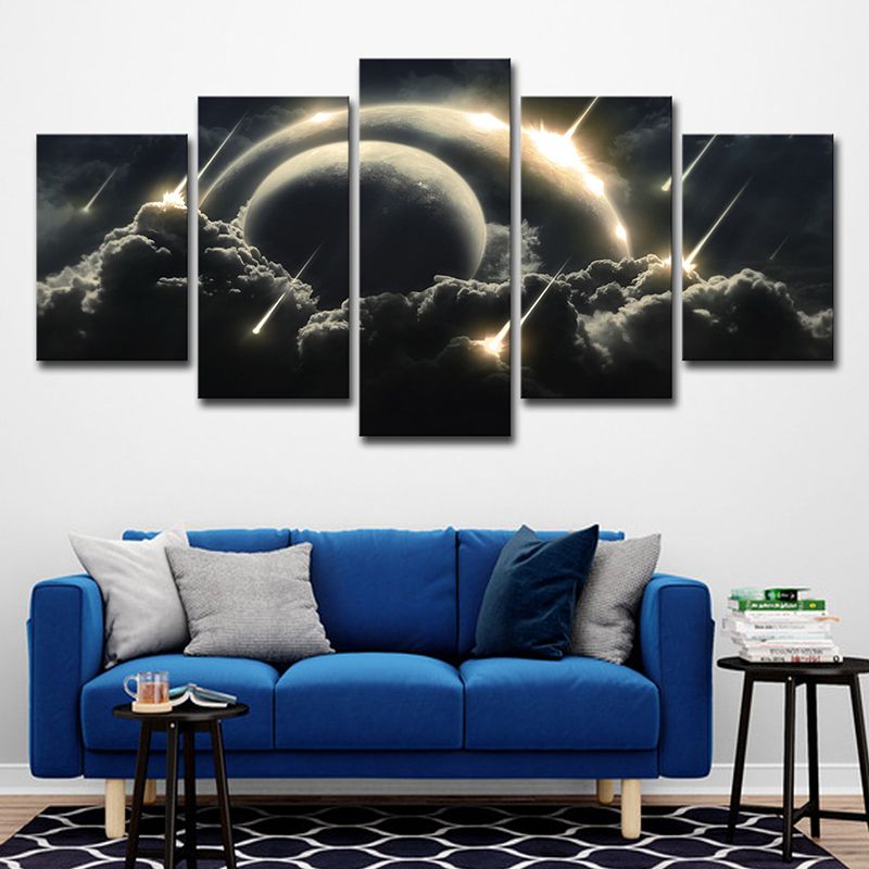 Gold Meteor Shower Canvas Dark Cloudy Planets Sci-Fi Multi-Piece Wall Art for Kids Room