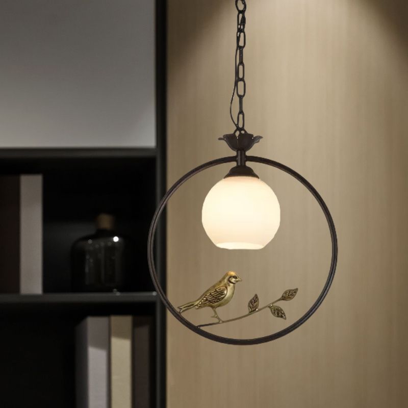 1 Light Ring Pendant Light Fixture Minimalist Gold/Black Metal Hanging Light with Bird Decoration