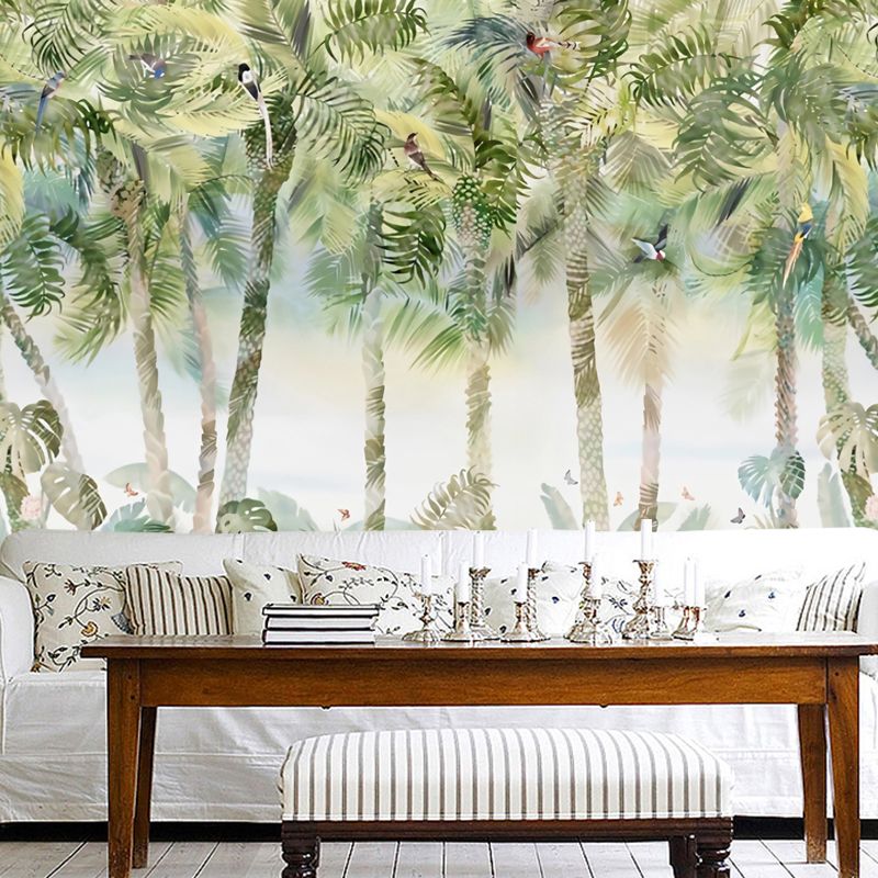 Non-Woven Fabric Big Wall Decor Morandi Green Palm Tree and Forest Mural Wallpaper, Personalized Sized Available