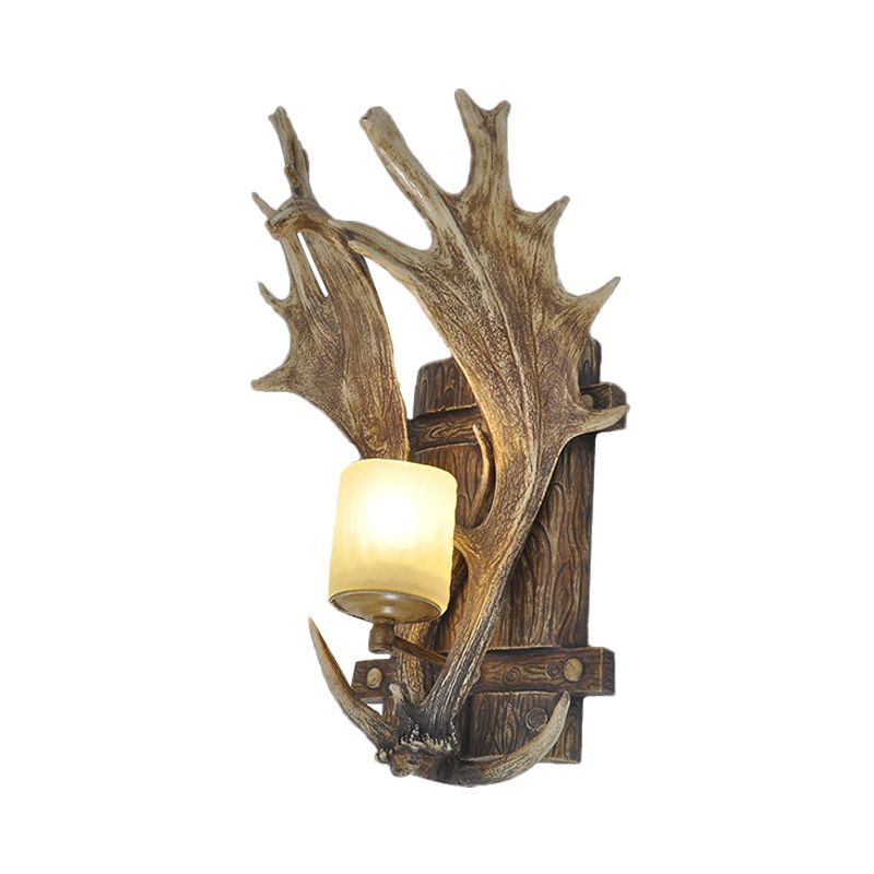 1 Light Resin Wall Lamp Rustic Wood Antler Dining Room Sconce Light Fixture with Frosted Glass Shade