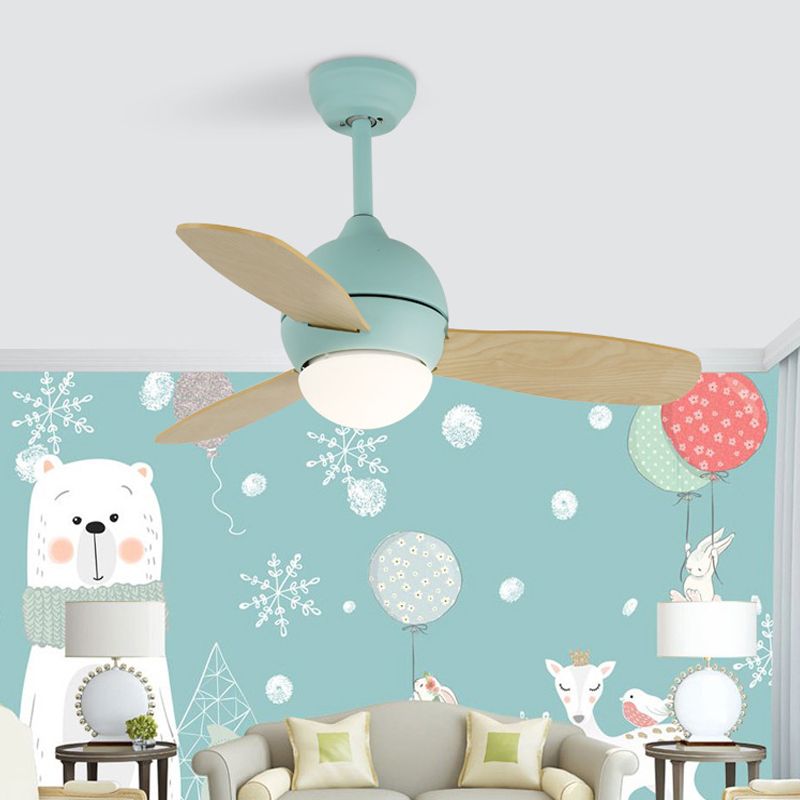 Dome Kids slaapkamer hanger ventilatorlamp metaal 36 "W LED Modern semi spoelplafondlicht in wit/geel/blauw met wand/afstandsbediening, 3 houten messen