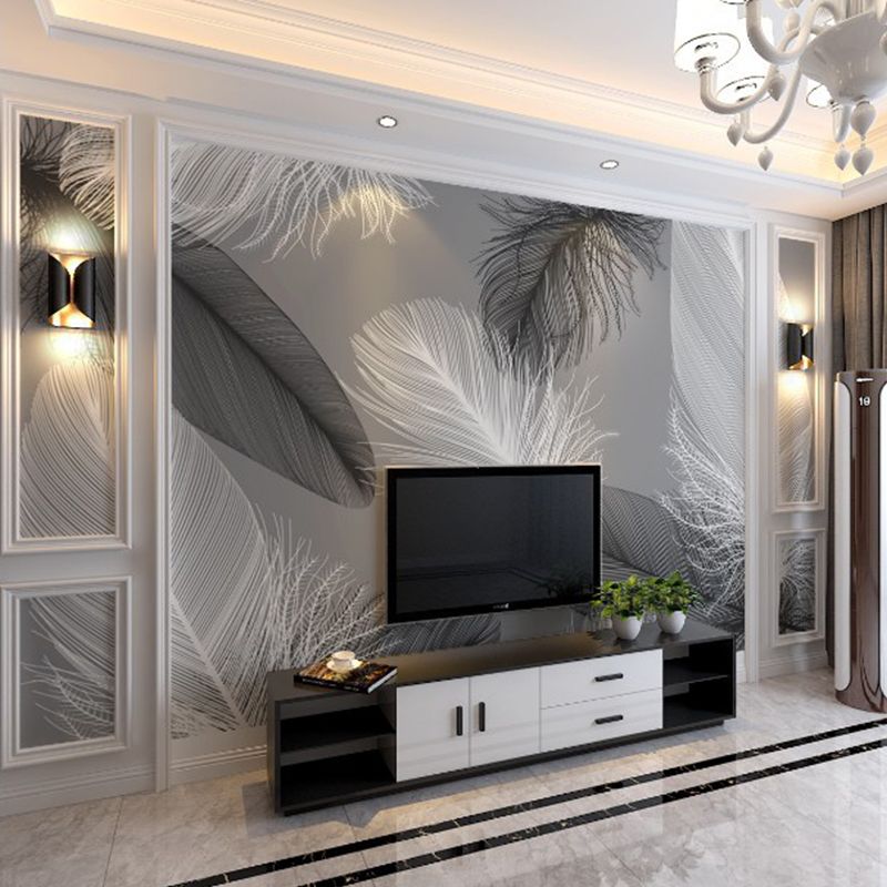 Light Feather Mural Wallpaper for Living Room Decor, Grey and Black, Made to Measure